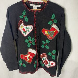 Victoria Jones Cardigan Sweater Womens M Christmas Stockings Embroidered Black